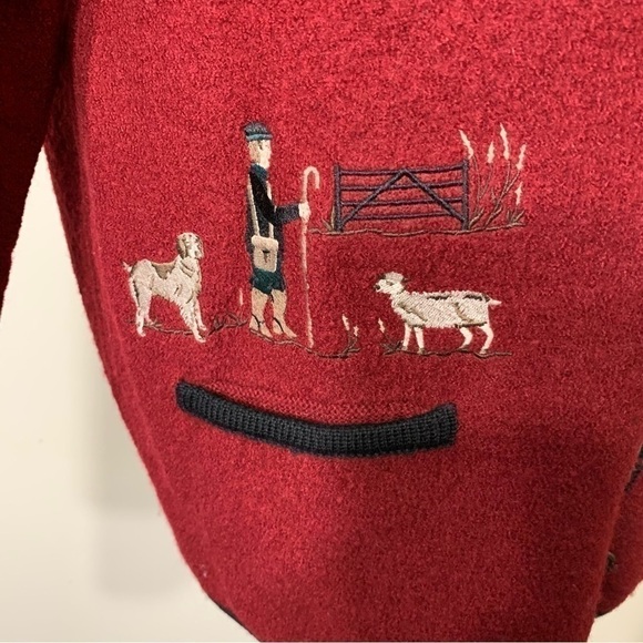𝅺VINTAGE 80's Feu Rouge Embroidered Country Red pure Wool Shacket Cardigan Sz L - Picture 11 of 13